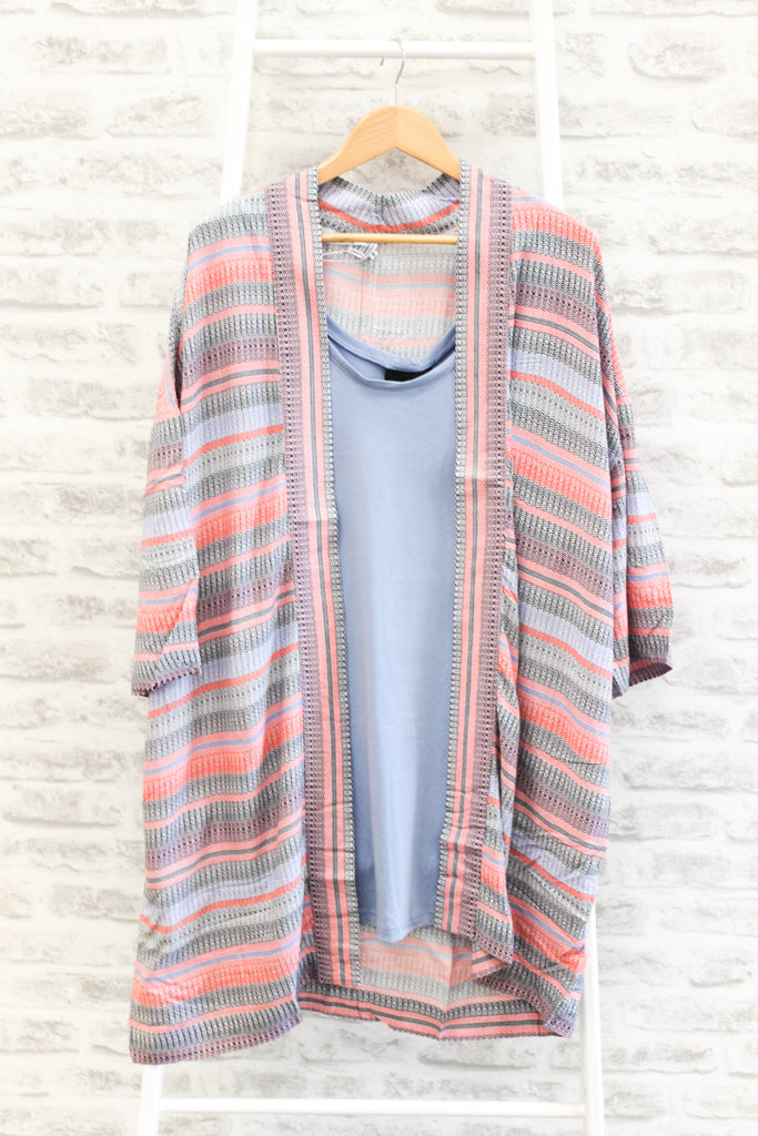 Saint Tropez Kimono Cardigan with wavy stripes, Pink / Blue Mix