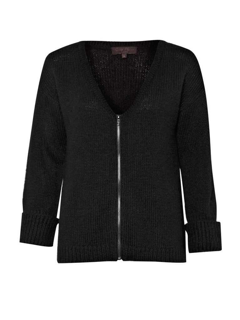 Great Plains Fancy Nancy Crop Long Sleeve Mohair Knit Zipped Cardigan Black